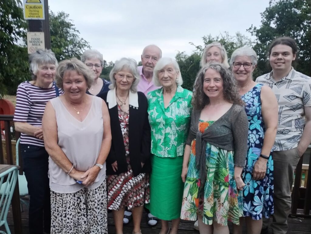 10 dancers, aged from 23 to 90+ posing for a photo after a group meal at Chequers in Ranby